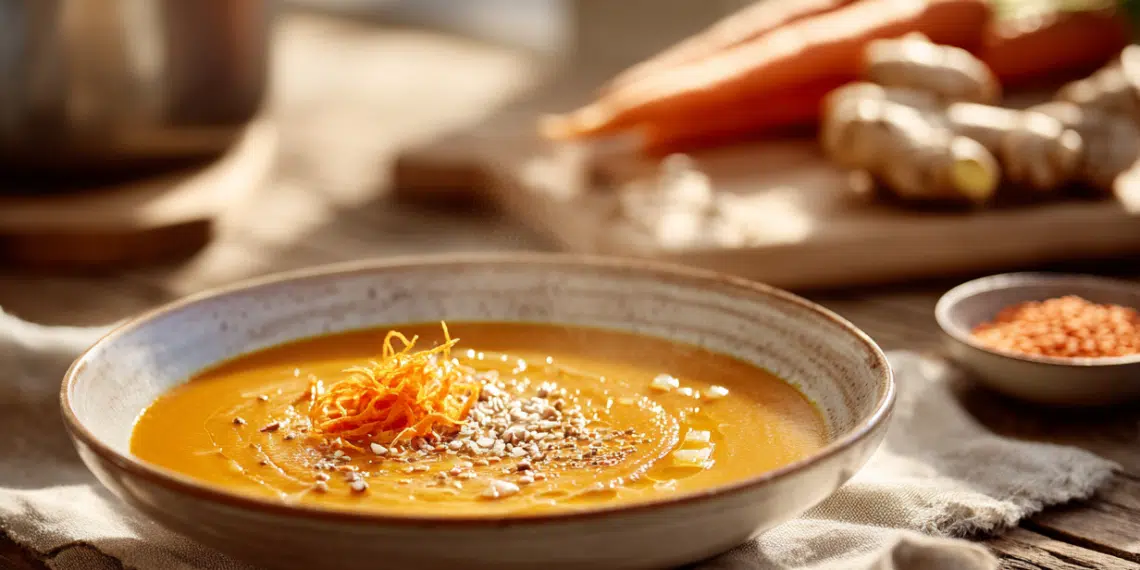 Creamy Carrot Ginger Soup With Lentils (30 Minutes) - Thefoodiebunch Creamy Carrot Ginger Soup With Lentils (30 Minutes)