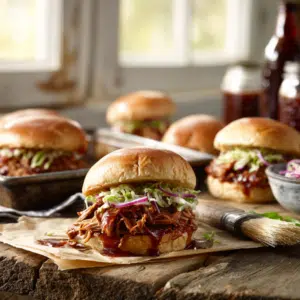 Easy Pulled Pork Sandwich With Apple Slaw And Pickled Onions