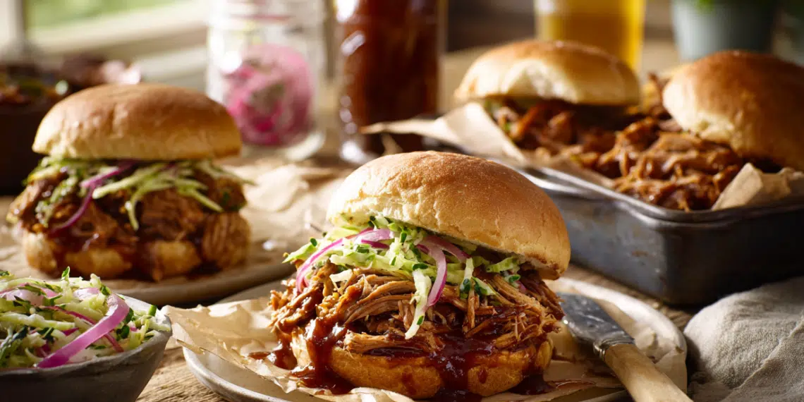 Easy Pulled Pork Sandwich With Apple Slaw And Pickled Onions
