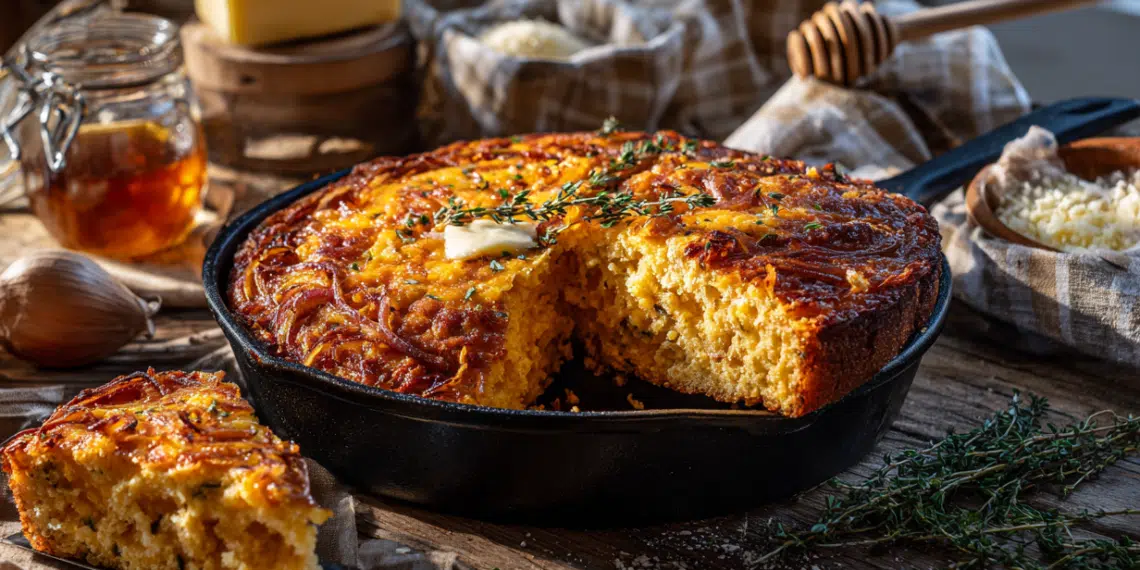 Cheesy Onion Cornbread (Cast Iron Skillet Recipe) - Thefoodiebunch Cheesy Onion Cornbread