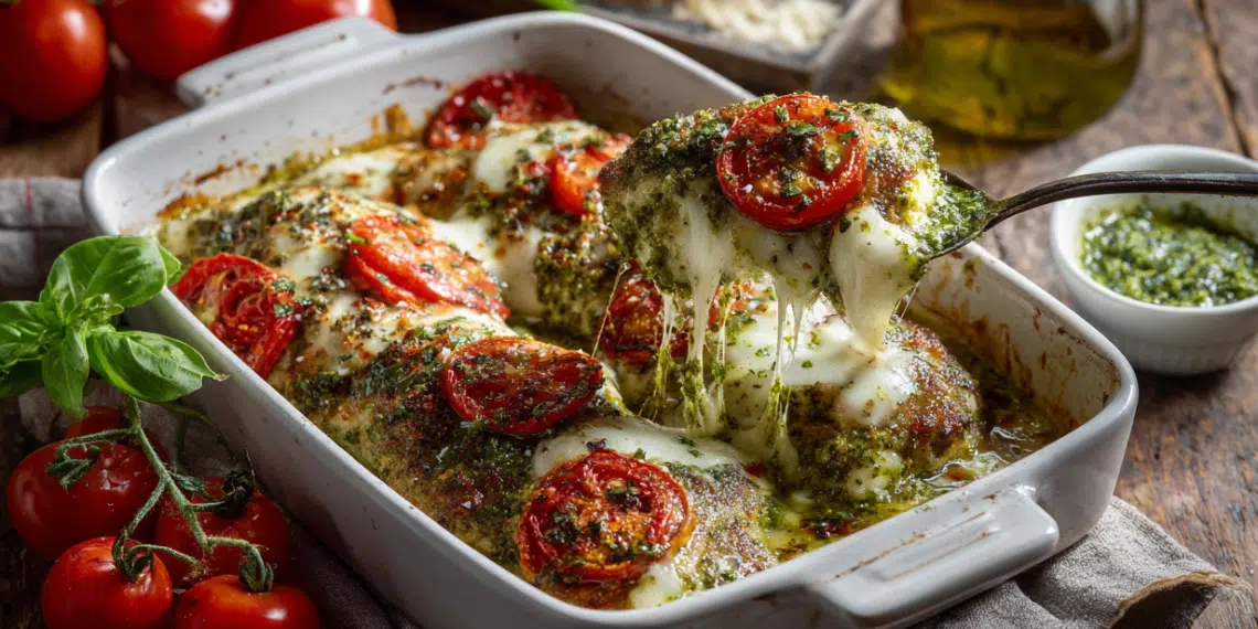 Chicken Pesto Bake With Fresh Mozzarella &Amp; Tomato - Thefoodiebunch Chicken Pesto Bake