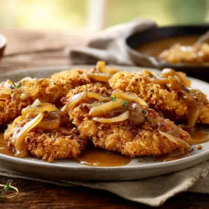 Crunchy Chicken Tenders With Caramelized Onion Gravy - Thefoodiebunch Crunchy Chicken Tenders With Caramelized Onion Gravy