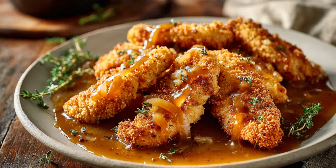 Crunchy Chicken Tenders With Caramelized Onion Gravy - Thefoodiebunch Crunchy Chicken Tenders With Caramelized Onion Gravy