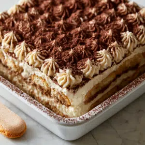 Eggless Tiramisu With Piped Cream Rosettes And Cocoa Dusting In White Dish, Corner Slice On Plate Beside It