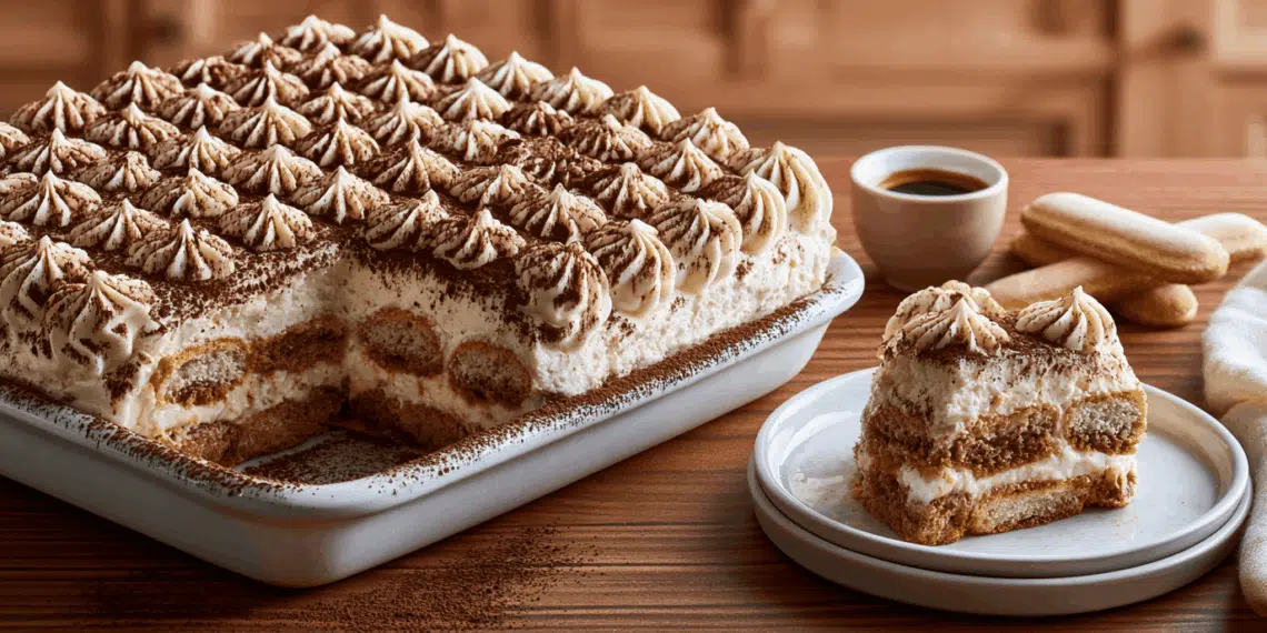 Eggless Tiramisu With Piped Cream Rosettes And Cocoa Dusting In White Dish, Corner Slice On Plate Beside It