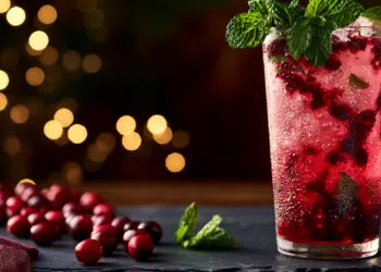 Tall Cranberry Mojito With Ruby-Red Cranberry Sauce Streaks, Fresh Mint, Lime Wedge, And Ice In A Highball Glass