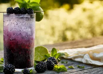 Tall Blackberry Mojito Cocktail With Deep Purple Color, Crushed Ice, Fresh Mint, And Blackberry Garnish
