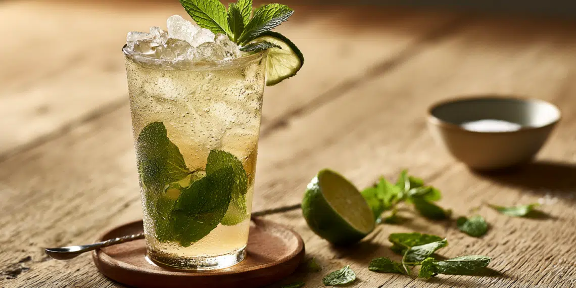 Fresh Mojito In A Tall Highball Glass With Packed Ice, Mint Sprig, And Lime Wheel On A Wooden Table