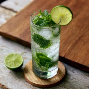 Fresh Mojito In A Tall Highball Glass With Packed Ice, Mint Sprig, And Lime Wheel On A Wooden Table