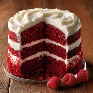 Sliced Four-Layer Red Velvet Cake With White Ermine Frosting On Glass Pedestal Stand With A Plated Wedge