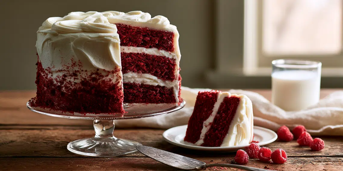 Sliced Four-Layer Red Velvet Cake With White Ermine Frosting On Glass Pedestal Stand With A Plated Wedge