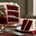Sliced Four-Layer Red Velvet Cake With White Ermine Frosting On Glass Pedestal Stand With A Plated Wedge