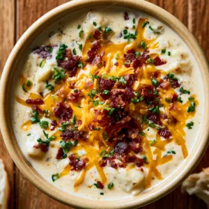 Creamy Baked Potato Soup Topped With Melted Cheddar, Crispy Bacon Crumbles, And Fresh Chives In A Stoneware Bowl