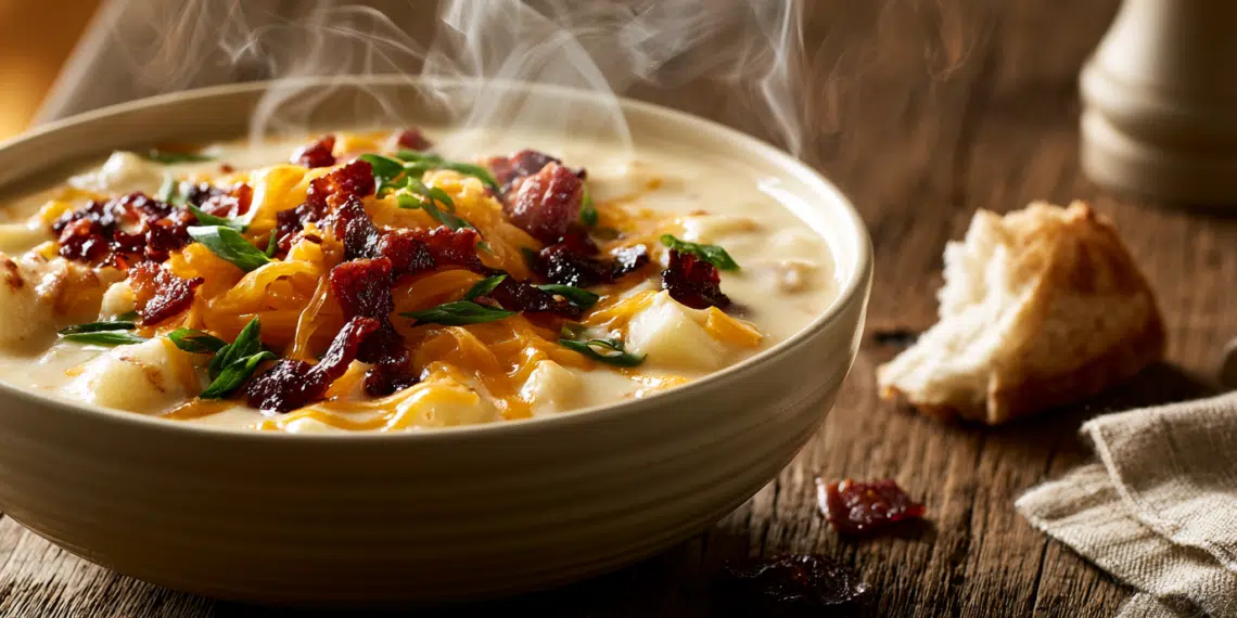 Creamy Baked Potato Soup Topped With Melted Cheddar, Crispy Bacon Crumbles, And Fresh Chives In A Stoneware Bowl