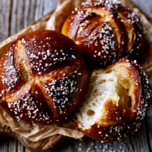 Awesome Pretzel Bread - Thefoodiebunch Six Glossy Mahogany-Brown Pretzel Rolls With Coarse Salt On Parchment Paper And Rustic Wooden Board