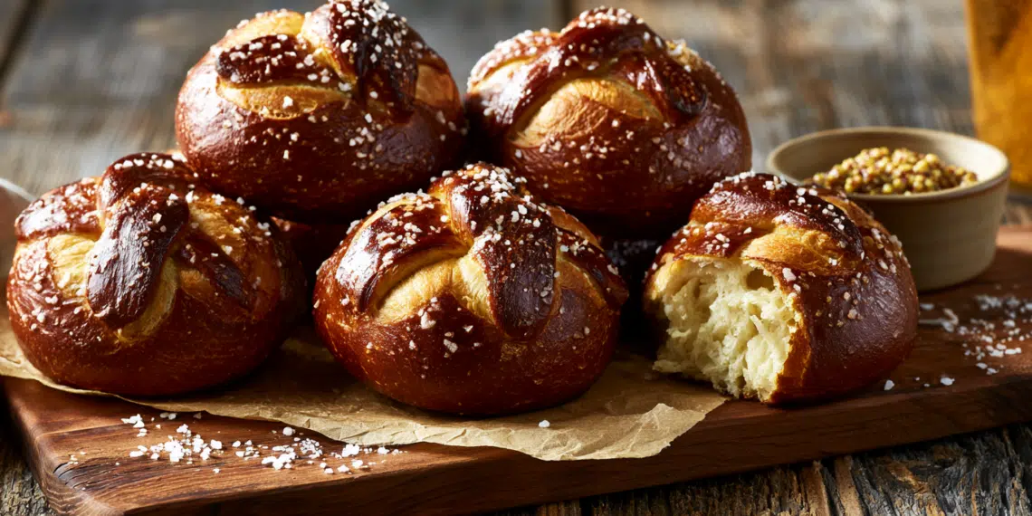 Awesome Pretzel Bread - Thefoodiebunch Six Glossy Mahogany-Brown Pretzel Rolls With Coarse Salt On Parchment Paper And Rustic Wooden Board