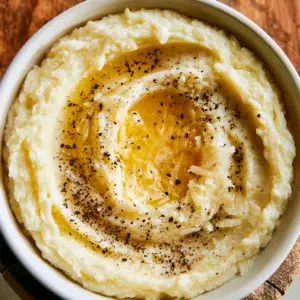 Creamy Mashed Potatoes Topped With Melted Butter, Black Pepper, And Grated Pecorino Romano In A White Bowl