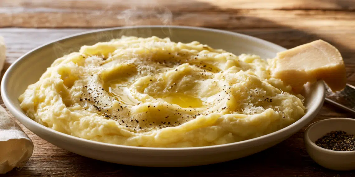 Creamy Mashed Potatoes Topped With Melted Butter, Black Pepper, And Grated Pecorino Romano In A White Bowl
