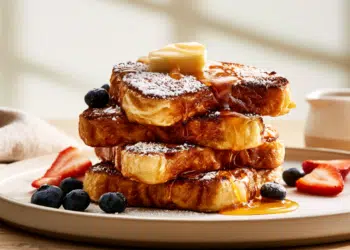 Golden Brown French Toast Stack Dusted With Powdered Sugar, Fresh Berries, And Maple Syrup On A White Plate
