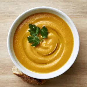 Golden-Orange Creamy Fennel Carrot Soup In A White Bowl With Olive Oil Swirl And Fresh Parsley Garnish