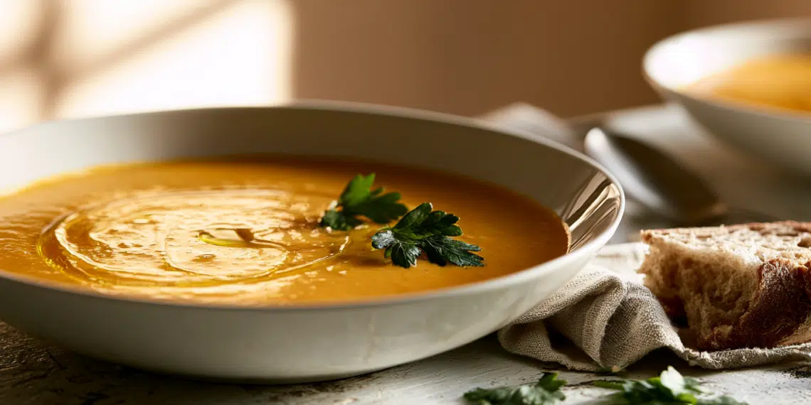 Golden-Orange Creamy Fennel Carrot Soup In A White Bowl With Olive Oil Swirl And Fresh Parsley Garnish
