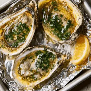 Six Baked Oysters On Half Shells With Golden Garlic Butter And Parsley On A Foil-Lined Baking Sheet