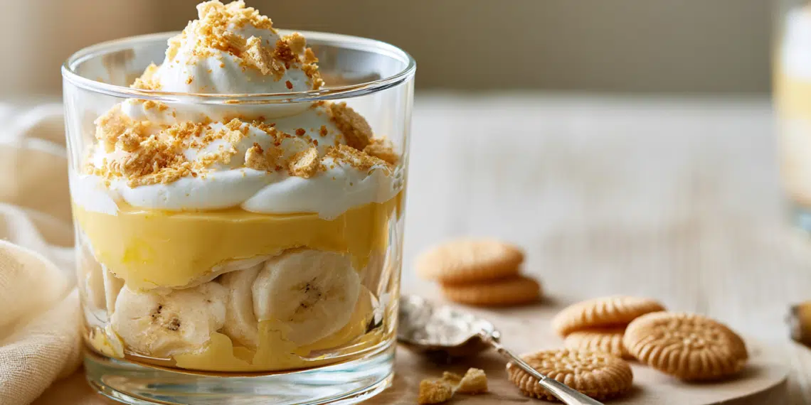 Layered Banana Cream Pudding In A Clear Glass With Custard, Banana Slices, Whipped Cream, And Crushed Wafers