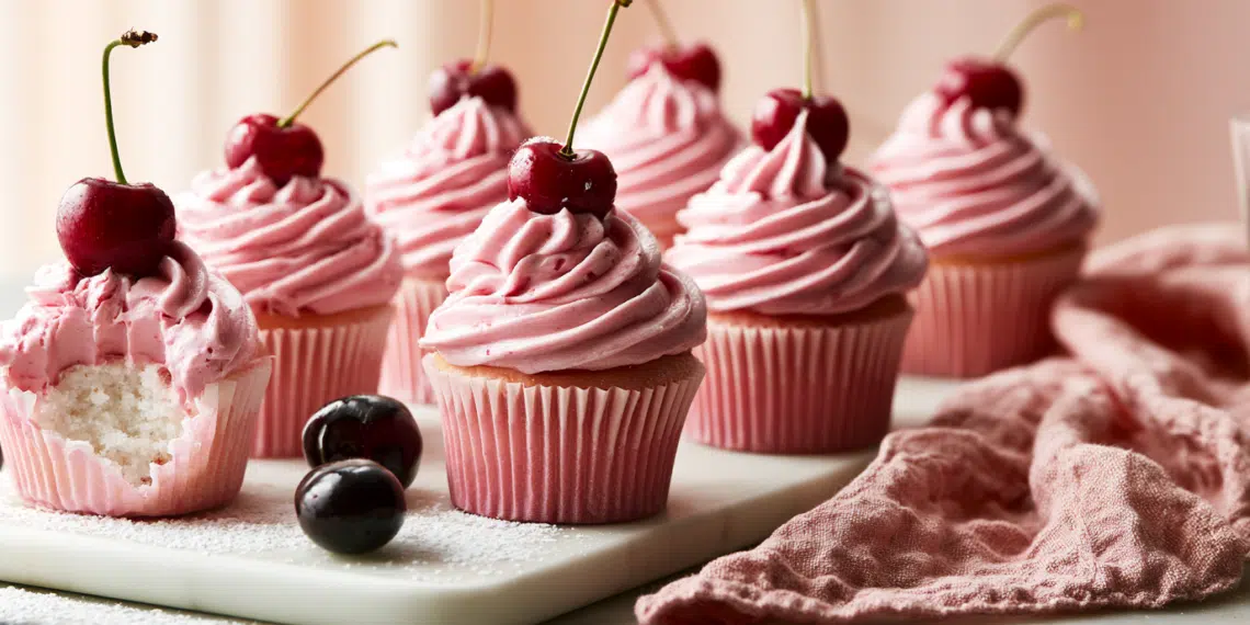 White Claw Black Cherry Cupcakes Delight - Thefoodiebunch Pink-Swirled Buttercream Cupcakes Topped With Fresh Black Cherries On A White Marble Board