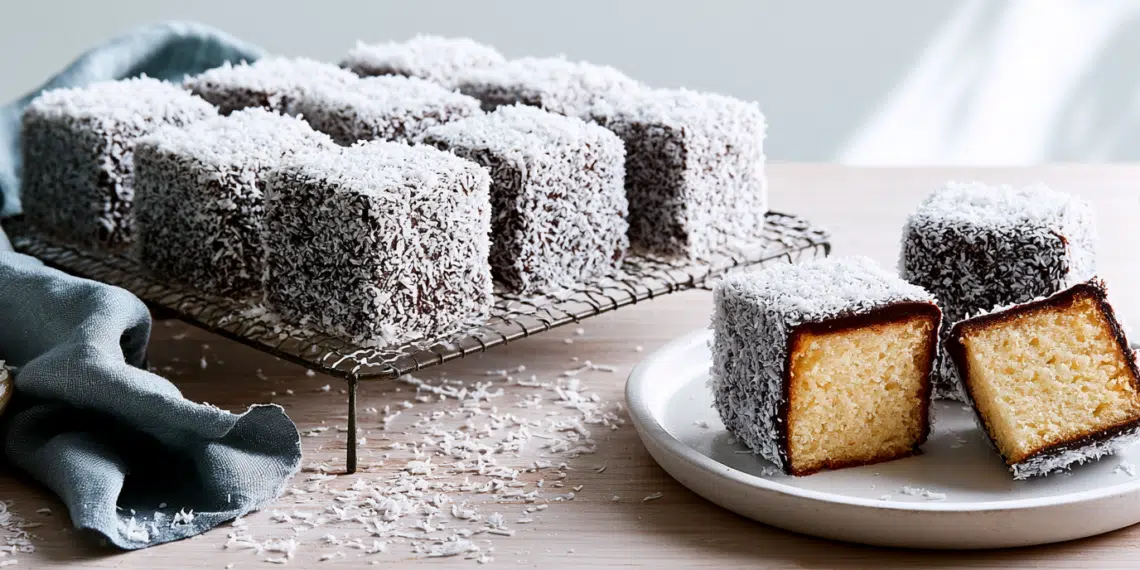 Coconut-Coated Chocolate Lamingtons On A Wire Rack And White Plate, One Halved Showing Golden Sponge Inside