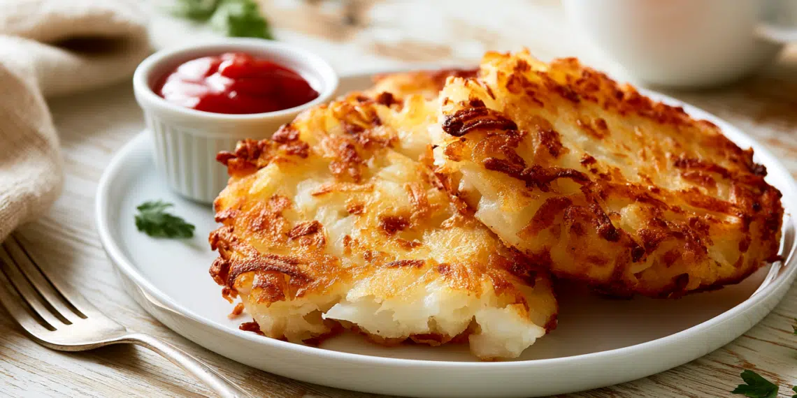 Golden Crispy Hash Brown Patties On A White Plate With One Broken Open Showing Fluffy Interior