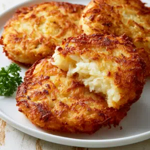 Golden Crispy Hash Brown Patties On A White Plate With One Broken Open Showing Fluffy Interior