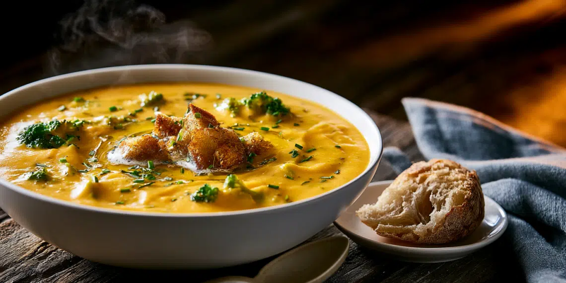 Creamy Broccoli Cheddar Soup With Croutons And Chives In A White Bowl On A Dark Wood Table