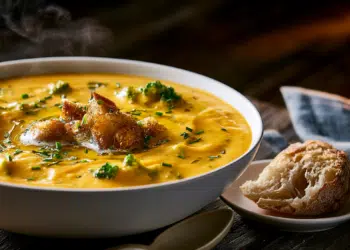 Creamy Broccoli Cheddar Soup With Croutons And Chives In A White Bowl On A Dark Wood Table