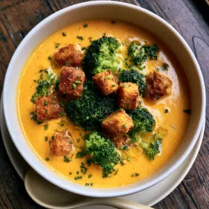 Creamy Broccoli Cheddar Soup With Croutons And Chives In A White Bowl On A Dark Wood Table