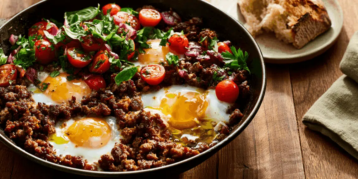 Ground Beef And Eggs With Fresh Herbed Salsa