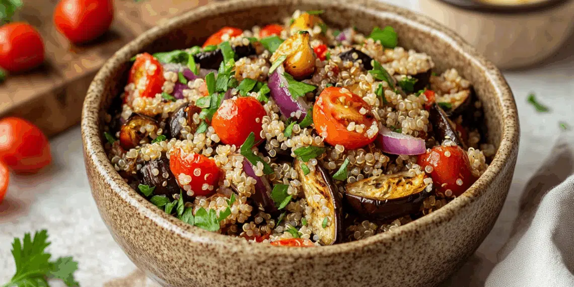 Mediterranean Roasted Eggplant Quinoa Salad Delight - Thefoodiebunch Mediterranean Roasted Eggplant Quinoa Salad Delight